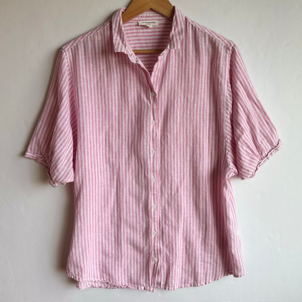 Beach Lunch Lounge Pink Stripe Short Sleeve Linen Blend Button Up Top Size Mediu